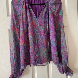 Ramy Brook Purple and Teal Paisley V-Neck Blouse